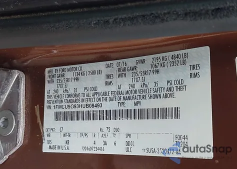 2017 Ford Escape Se from USA, damaged, VIN 1FMCU9G93HUB08493